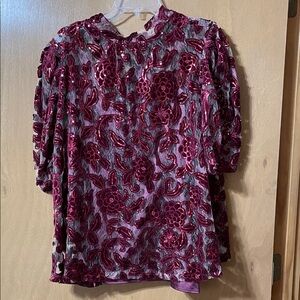 Anthropologie Burgundy Floral Velvet Blouse